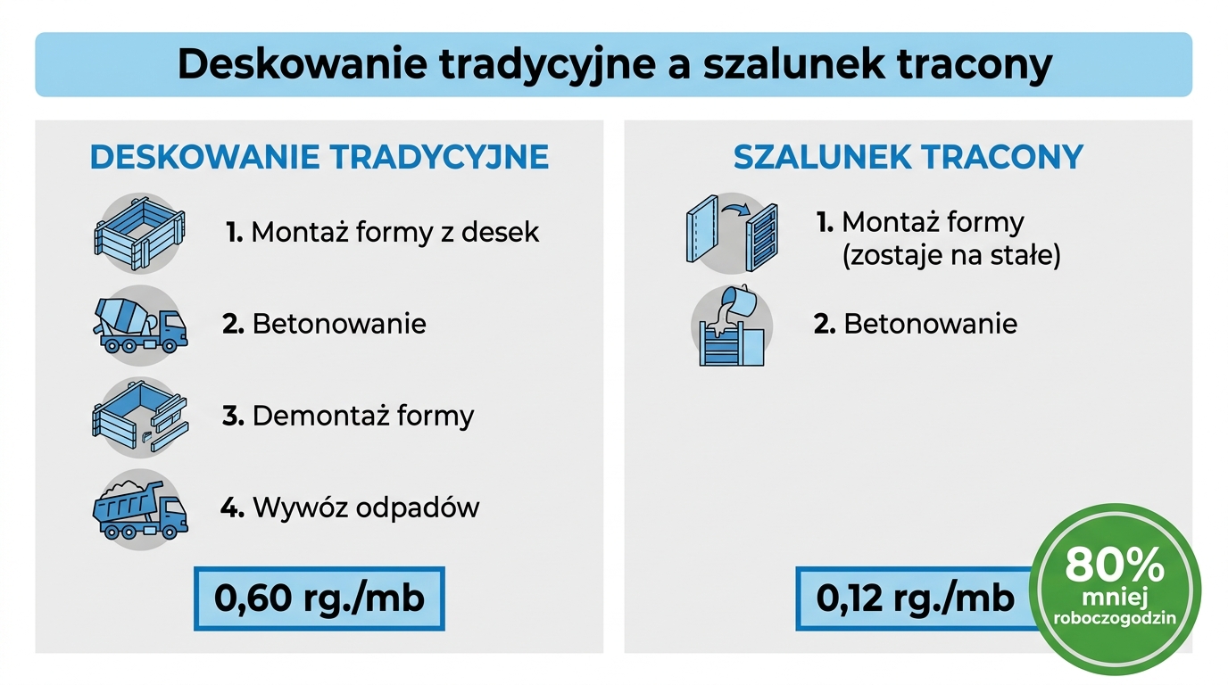 Por&oacute;wnanie deskowania tradycyjnego (4 etapy, 0,60 rg./mb) i szalunku traconego (2 etapy, 0,12 rg./mb) &mdash; 80% mniej roboczogodzin